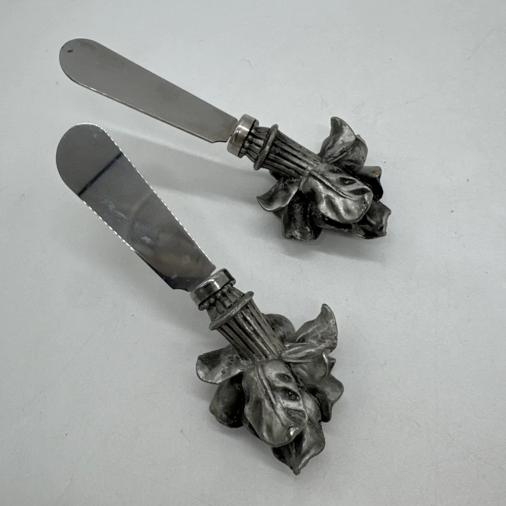 Vintage Pewter Magnolia Spreaders Set Of 2